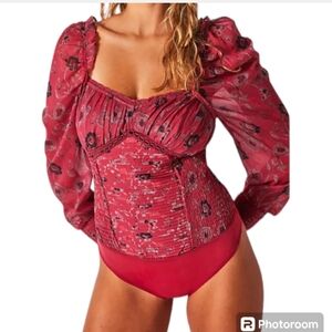 Free People Brunch Date Bodysuit Floral Size XS Red Combo NWOT